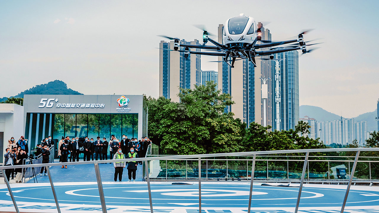 EHang apre a Guangzhou un vertiporto connesso in 5G. Le immagini dell'inaugurazione sono incredibili