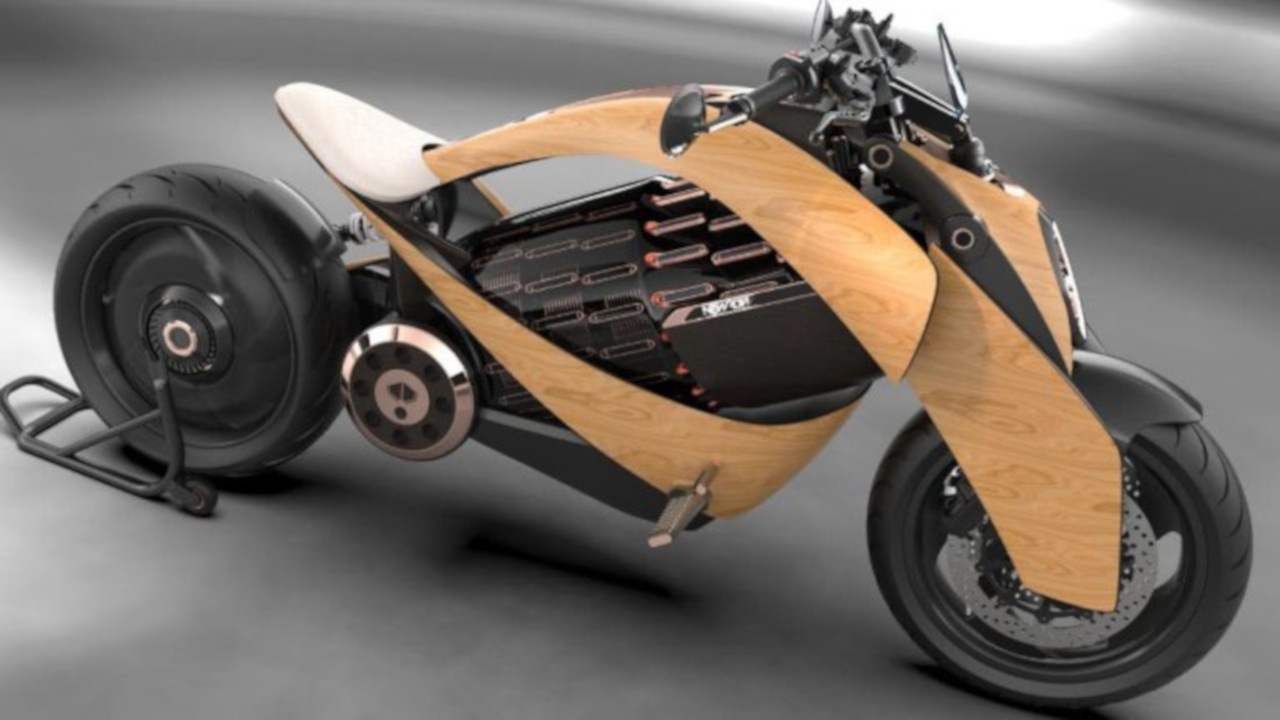 Newron presenta il concept di una moto elettrica con carene in legno e pacco batteria cilindrico
