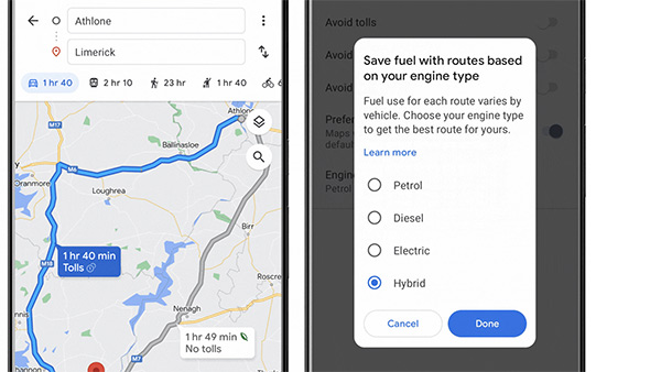 Google Maps Percorso pi efficiente minore consumo auto elettriche, ibride, benzina e diesel 